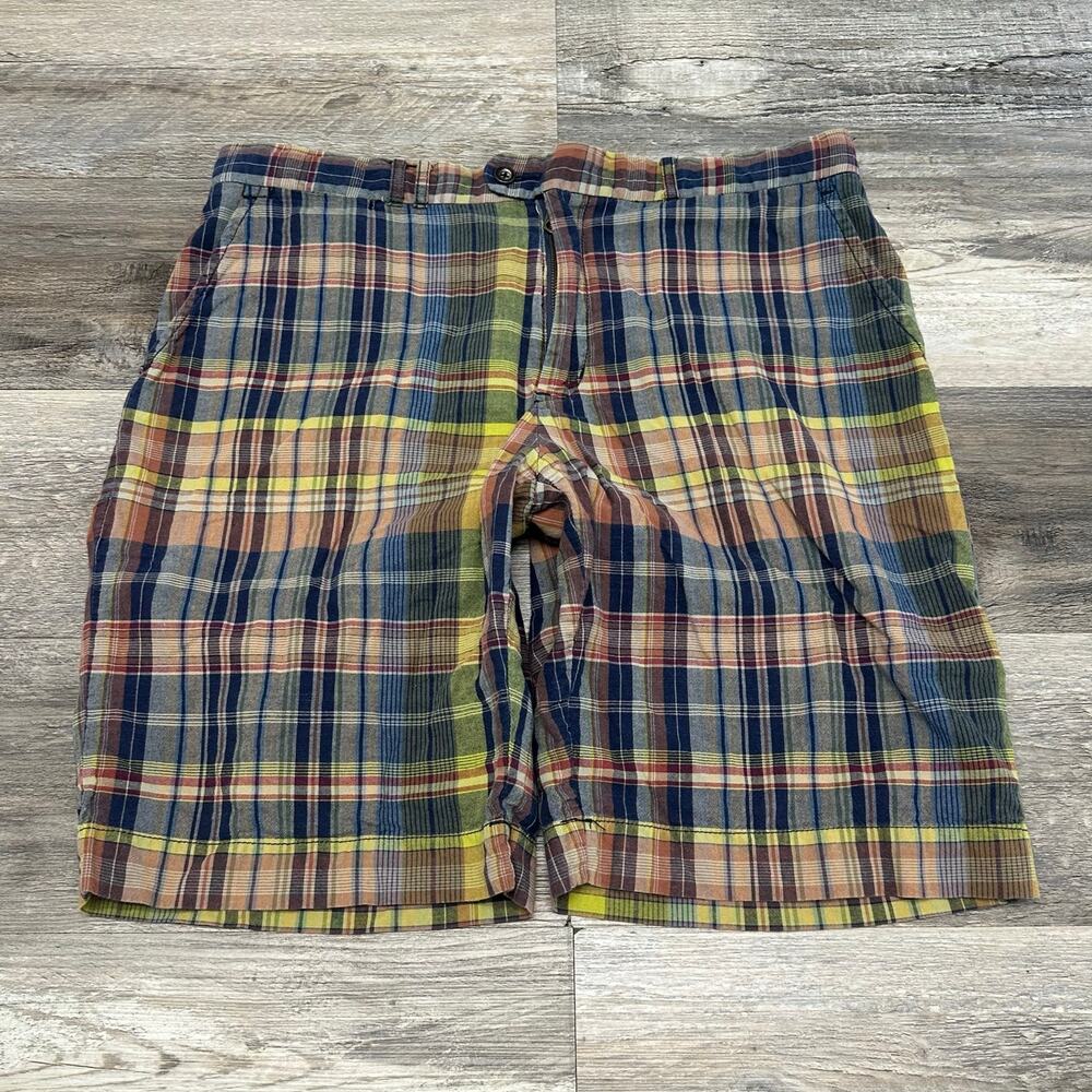 Vintage Polo Ralph Lauren Madras Plaid Blue Yellow Red Mens 36 Flat Front Shorts